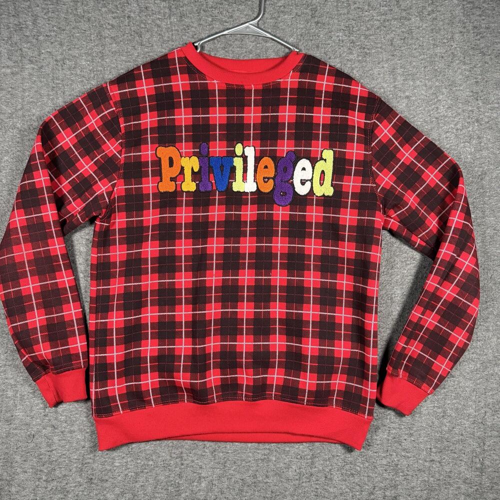 Screenshot Sweatshirt Mens Large Red Plaid Privileged Graphic Fleece Crewneck